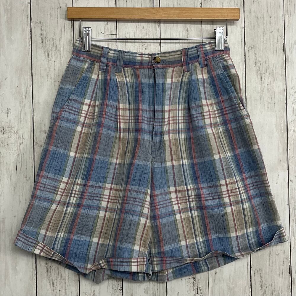 Vintage Urban Oasis Plaid Shorts Size 6 High Rise Blue Red 90s Cotton Preppy